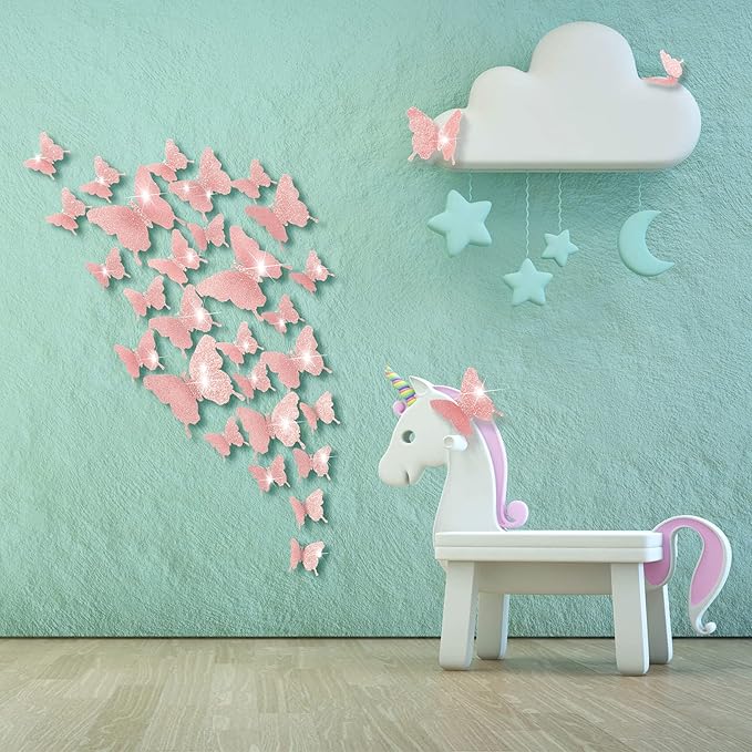 BBTO 48 Pieces Butterfly Wall Decor DIY Mirror 3D Butterfly Stickers Removable Decals for Home Bedroom School Bathroom Living Room Decor(Glitter Pink)