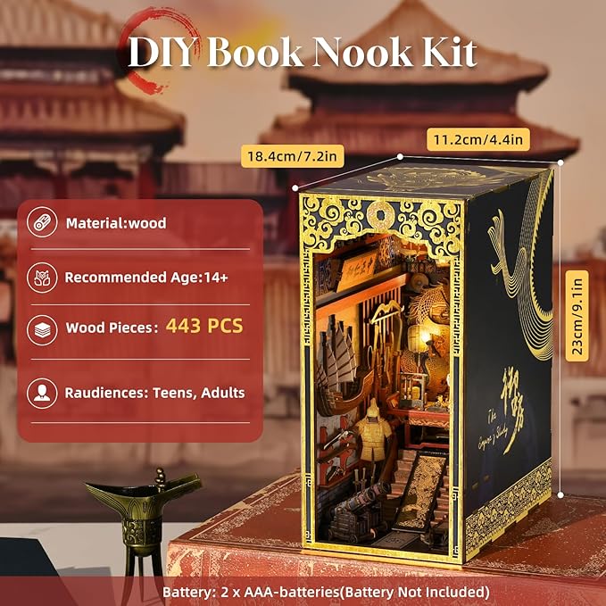 DIY Book Nook Kit, DIY Miniature Dollhouse Booknook Kit, 3D Wooden Puzzle Bookend Bookshelf Insert Decor with LED Light for Teens and Adults (The Emperor’s Study)