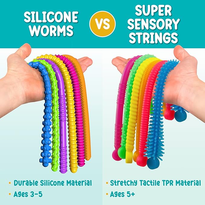 BunMo Silicone Stretchy Strings Sensory Toy – 6 Pack Fidget Worm Toy Set | Sensory Noodles for Kids | Bright, Textured, Fun Stretchy Noodles Fidget Toy for Tactile Play | Worm Toys for Fall Fun