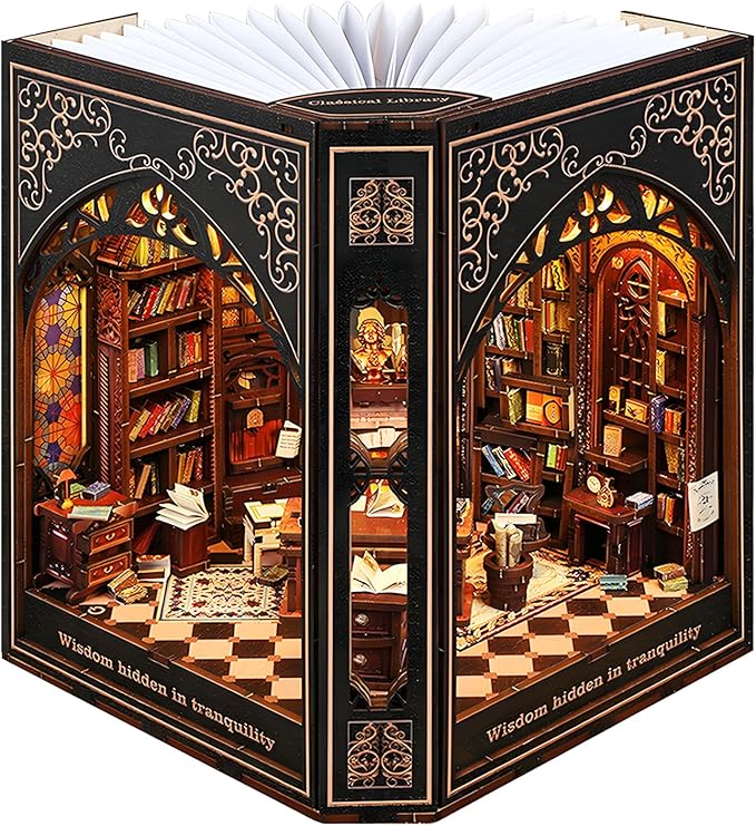 Book Nook Kit with Nightlight – Type-C and Battery Powered DIY Bookshelf Decor, Perfect for Home and Office Gift（Classical Library）