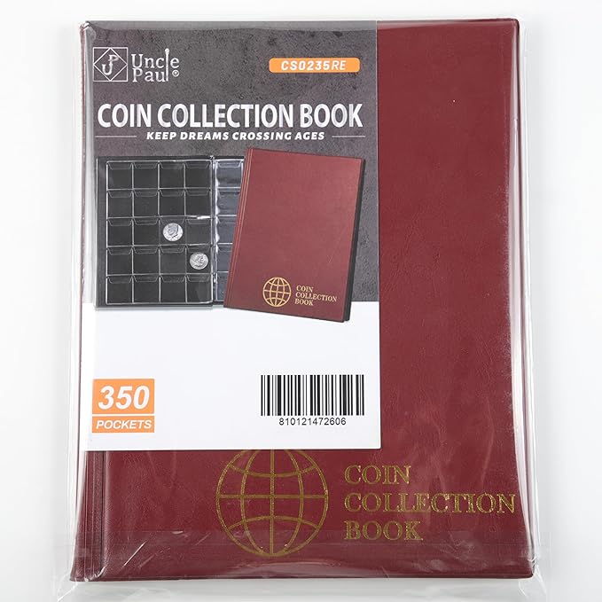 350 Pockets Coin Albums - 35x30 mm/1.3x1.1 inch Pocket Red Coin Book 10 Pages Coin Collection Holder Letter Size Coin Storage Book CS0235RE