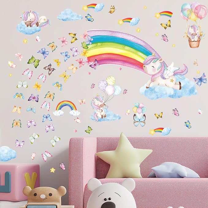 Glow in The Dark Large Rainbow and Unicorn Wall Decals,Glowing Luminous Star Butterfly Wall Stickers Removable Rainbow Unicorn Decals for Girls Bedroom Baby Nursery Living Room Decoration