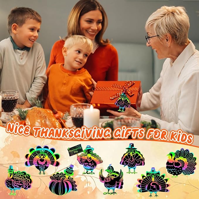 AUGSUN 96Pcs Thanksgiving Fall Crafts, Magic Rainbow Scratch Paper Art Cute Turkey Crafts Activity Gifts Autumn Harvest Thanksgiving Party Favors