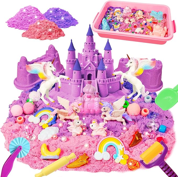 Bbiamsleep Unicorn Sensory Bin, 493 Pcs Unicorn Sand Kit with Sandbox Color Sensory Sand 6 Castle Mould 9 Tools for Birthday Party