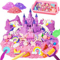Bbiamsleep Unicorn Sensory Bin, 493 Pcs Unicorn Sand Kit with Sandbox Color Sensory Sand 6 Castle Mould 9 Tools for Birthday Party