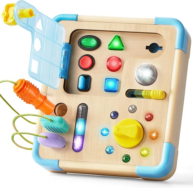 Electronic Busy Board – Montessori Learning Toddler Toy, 15 LED Lights & 9 Sound Effects, 5 Interactive Switches & Plugs, Sensory, Fidget, Travel Activities, Early Development, Baby Toys Age 18M+ Old