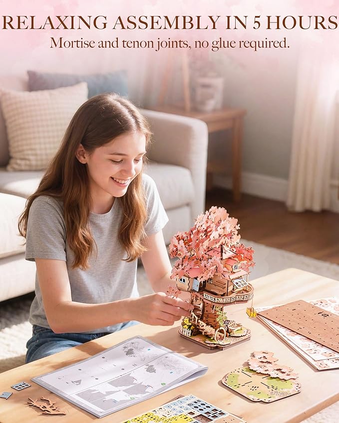 Rolife DIY Miniature House Kits Sakura Tree House 12" 3D Wooden Puzzles for Adults, Japanese Cherry Blossom Model Building Kit, Bonsai Craft Home Decor Gifts for Adults Family