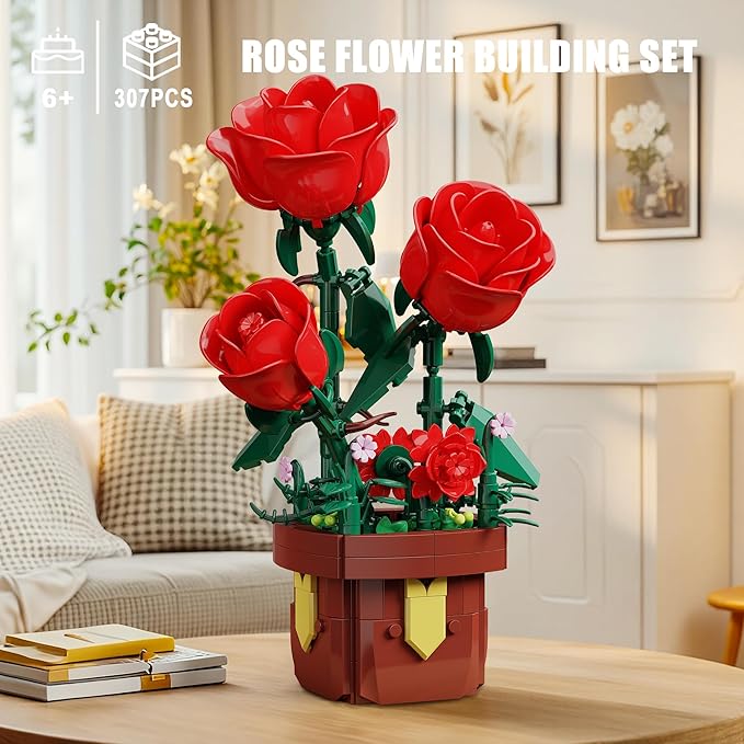 Roses Flowers Botanical Building Blocks Set,Artificial Plants Bonsai Building Toys with Pot,Indoor Display for Home Office Decor,Christmas Birthday Gift for Adult Women Girls Age 8-12(307Pcs)