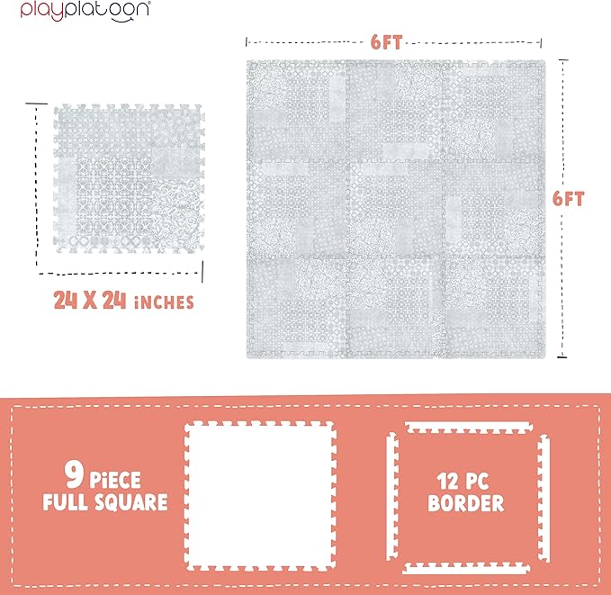 Play Platoon Large Baby Play Mat for Floor 9 Tile 72 x 72 in - Extra-Thick Interlocking Foam Tiles 24 x 24 in - Soft Puzzle Mats for Playroom - Neutral Playmat Rug - Grey, Boho Modern