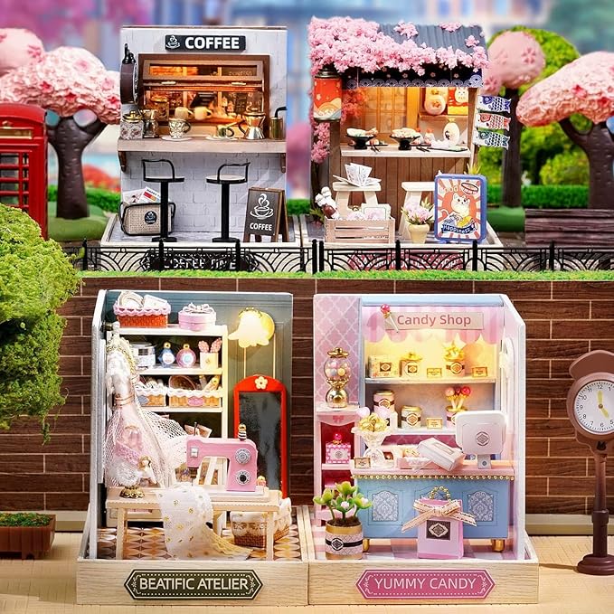 CUTEROOM DIY Doll House Miniature Furniture Wooden House Kit with Dust Cover & LED Light and Accessories - New Three Styles QT Series Dollhouse (QT048)
