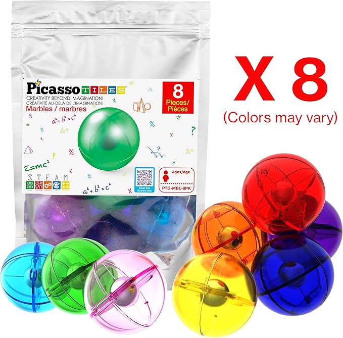 PicassoTiles 8pc Marbles for Magnetic Block Tiles Marble Run Race Track Magnet Building Tile Blocks Racetrack Maze Construction Toys Creative Toy Girls Boys 3 and Up Early Education STEM Learning Kit
