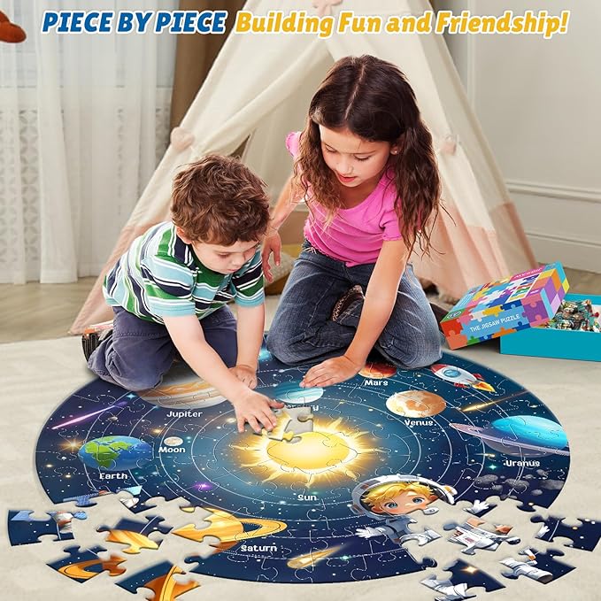 ELX 70 Piece Space Large Floor Puzzle for Kids Ages 5-8, Solar System Globe & USA Map Jigsaw Puzzles,Double-Sided Planet Round Puzzle for Toddlers,Geography Educational Toys for Boys&Girls (22.5 Inch)