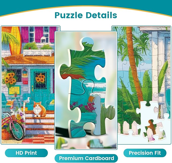 300 Piece Puzzles for Adults,Unique Colorful Beach House Puzzle for Kids Adult Seniors,Cute Kitten Jigsaw Puzzle for Kids Ages 8-10 10-12,Challenging Family Game Gift for Friends Men Women,20.5*15 In
