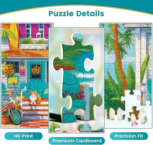 300 Piece Puzzles for Adults,Unique Colorful Beach House Puzzle for Kids Adult Seniors,Cute Kitten Jigsaw Puzzle for Kids Ages 8-10 10-12,Challenging Family Game Gift for Friends Men Women,20.5*15 In