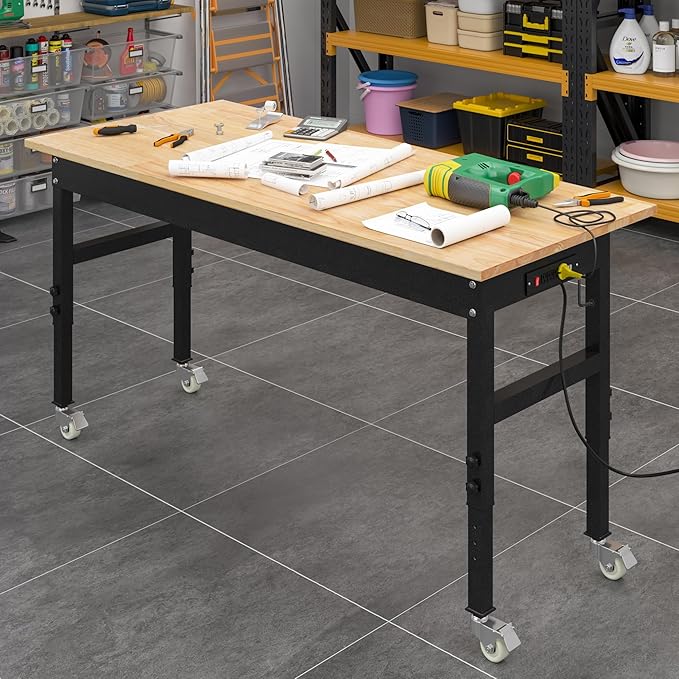 48" Adjustable Work Bench, Rubber Wood Top Workbench Heavy-Duty Work Table with Power Outlet,workbenches Wheels, 2000 LBS Load Capacity Hardwood Work Benches for Garage, Workshop, Home, Office