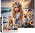 Tucocoo 1000 Piece Jigsaw Puzzle for Adults, Girl with Flower Crown and Cat on Sunset Beach – Romantic Coastal Puzzles, Family Games, Challenging Puzzles for Adults – Gift for Cat Lovers and Women
