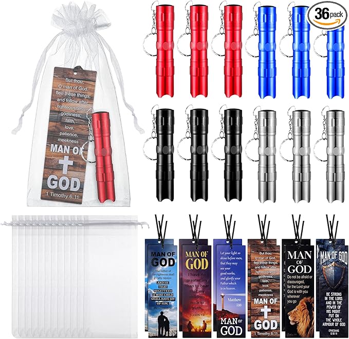 36Pcs/12 Set Man of God Gifts Mini LED Flashlight Keychain Man of God Religious Bible Bookmark Set Christian Party Favors Christmas Employee Coworkers Gifts for Men Adult Dad
