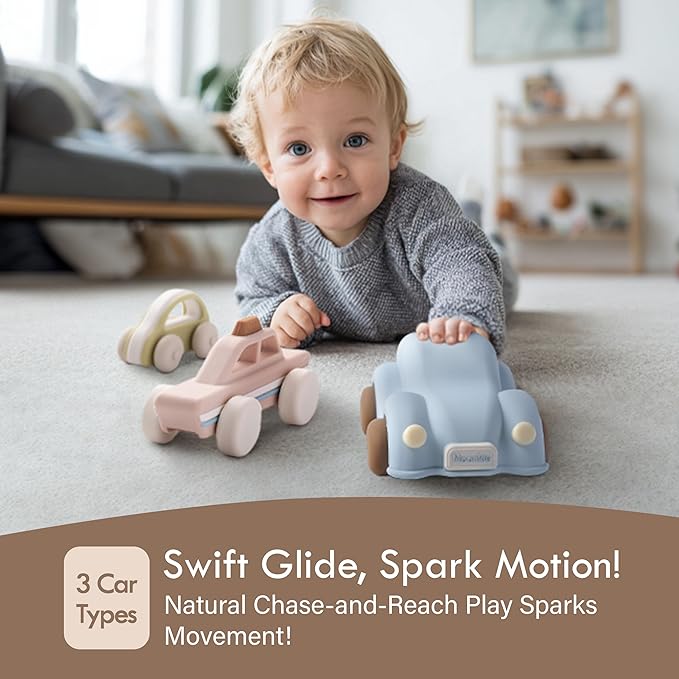 Moonkie Food Grade Silicone Toy Cars for Toddlers 1-3, Push and Go Baby Car Toys 6-12 Months+, One-Piece Design Infant Toys, Birthday Gifts for 1 Year Old Boy Girl, Easy to Clean & Grasp, 3 Pack