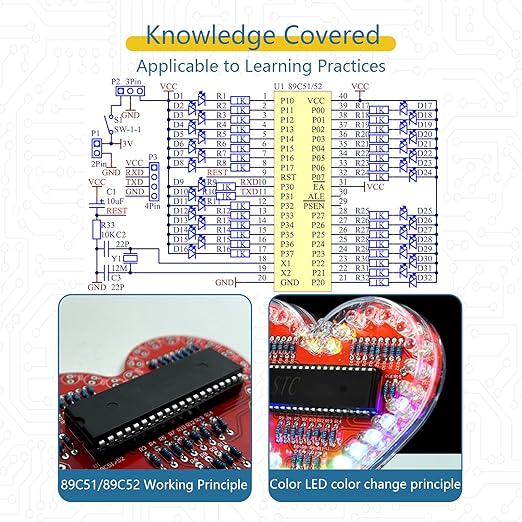 EIELE Soldering practice kit 7-colour heart-shaped LED running light Various changing modes automatic switching Soldering practice Suitable for school teaching and beginner learning Soldering required