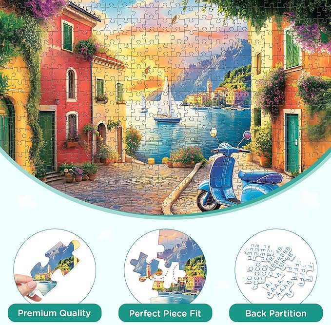 500 Piece Puzzles for Adult, Coastal Village Sunset Harbor Scene Jigsaw Puzzles for Adults Kids Senior, Colorful Buildings Adult Puzzle, Challenging Family Fun Activity Game Gift Decor 20.5 X 15 in