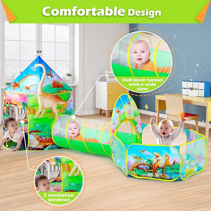 3PC Dinosaur Tent for Girls with Kids Ball Pit, Kids Play Tents and Crawl Tunnel for Toddlers, Pink Pop Up Playhouse Toys for Baby Indoor& Outdoor Tent Games, Birthday Kid’s Gifts