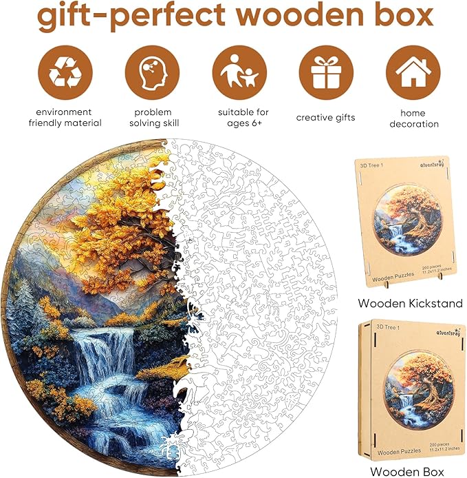 Puzzles for Adults, Tree of Life Waterfall River Wooden Jigsaw Puzzles 200 Pieces Unique Shape Adult Puzzles, Irregular Wood Creative Gift for Adults Family Game(11.2x11.2 in)