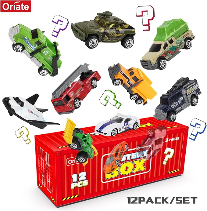 Oriate Diecast Toy Cars Set for 3 4 5 6 7 8 Year Old Boys, 12 Pack Mini Metal Cars 1/64, 12 Theme in one Set Blind Box Edition- Include Farm, Space Ship, Truck for Children Birthday Party Decor Gifts