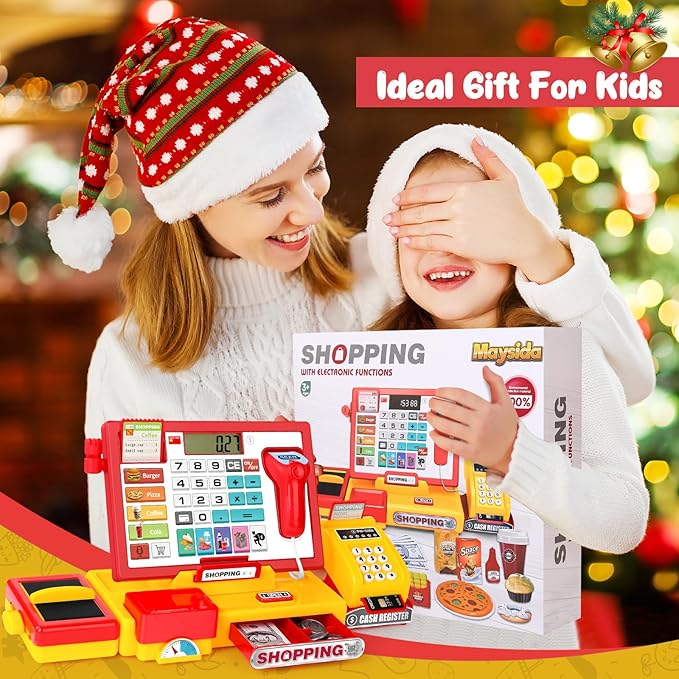 Cash Register for Kids with Scanner Realistic, Pretend Play Toy Cash Register with Fast Food/Fake Money/Credit Card/Calculator/Microphone Gift Ideas for Toddlers Girls Boys 3-5 4-8, Yellow