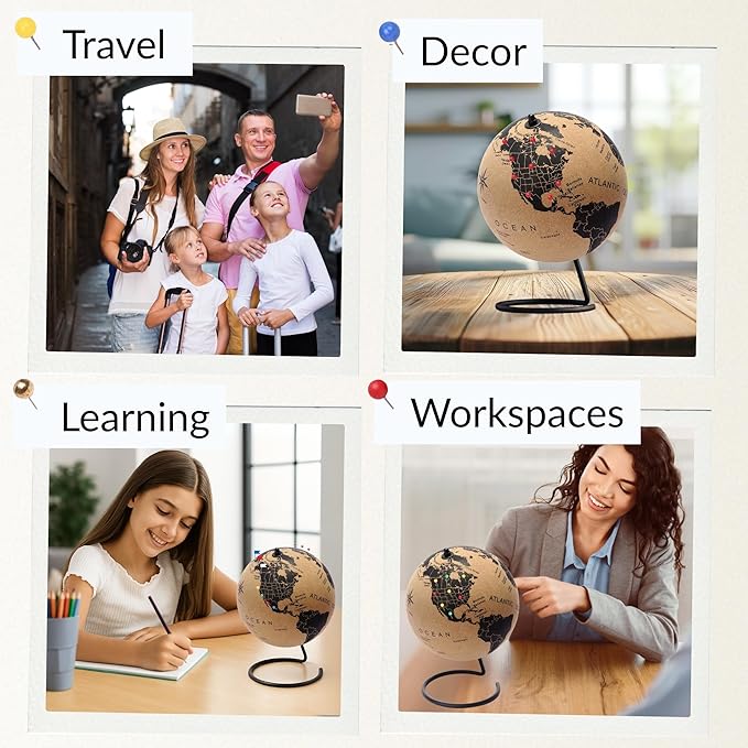 Medium Cork Globe 9.4" Tall | World Travel Map with Metallic, Colored & National Flags Push Pins | 3D World Map Pin Board for Home or Office | Unique Gift for Travelers, Couples & Families | Push Pin Map