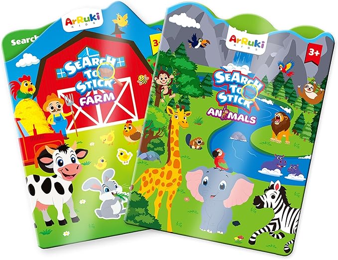 2 Sets Reusable Sticker Books for Toddlers, Jelly Sticker Activity Books, Toddler Craft Activities Toddler Travel Toys -Farm Animals, Safari