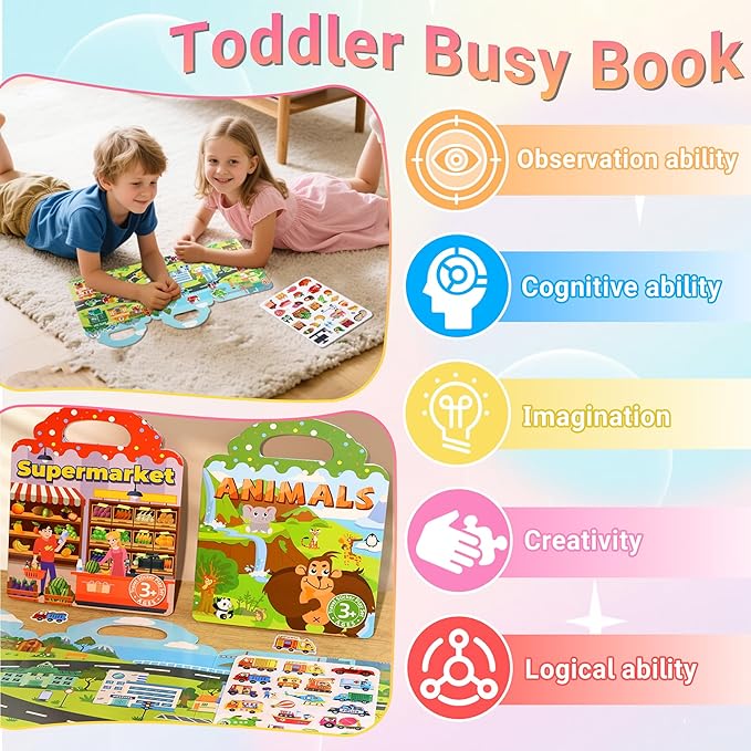 6 Pack Jelly Sticker Books for Toddlers 3+ Years, Reusable Sticker Books for Toddlers 3, Airplane Toys,Farm Vehicles Animals Princess My Body Supermarket Theme