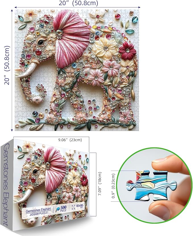Elephant Jigsaw Puzzles for Adults 500 Pieces Colorful Crystal Flower Puzzles Beautiful Diamond Art Puzzle Difficult Unique Family Challenging Games Gift for Teens Adults Puzzle (20"x20")