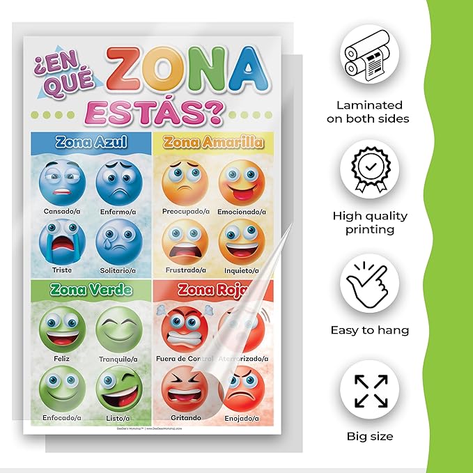 DeeDee's Workshop 4 Spanish Feelings Chart For Kids, Spanish Posters for Classroom, Zones of Regulation Poster, Spanish Classroom Must Haves, Set of 4 (11 x 17 inches)