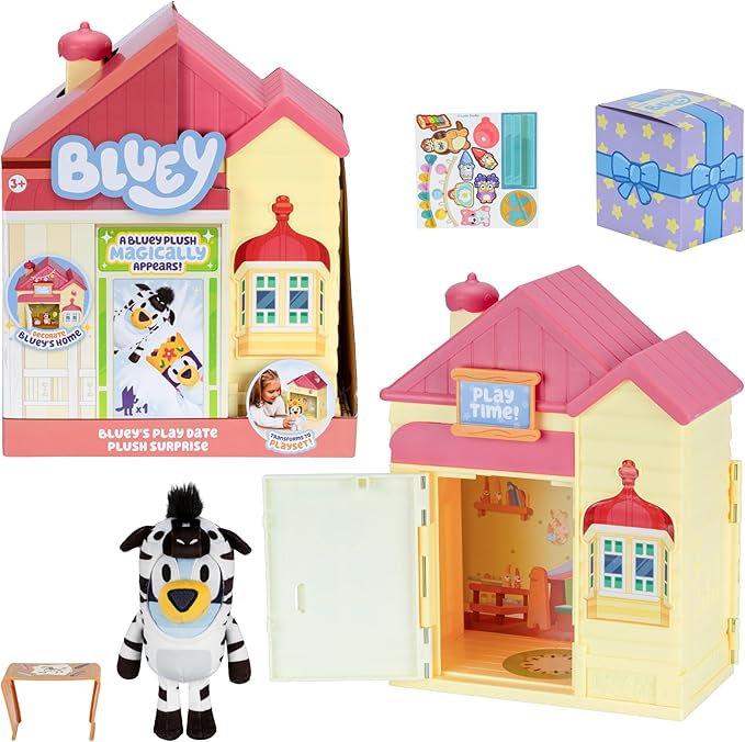 Bluey Play Date Plush Surprise, Decorate House with Stickers, Attach The Play Time Sign, Then Open The Door for a Surprise to Appear, Style May Vary