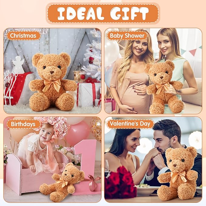 HyDren 18 Pcs Bear Stuffed Animals Bulk 12 Inch Soft Plush Bears Doll with Bows Small Stuffed Toy for Girl Boy Baby Shower Christmas Valentine Birthday Decor Gift Party Favors (Light Brown)