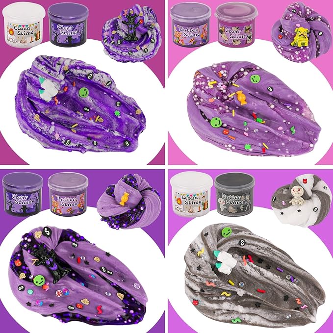 LAWOHO 6 Packs Halloween Slime Kit - Cloud, Butter & Clear Slime, Slime for Kids with Spooky Slimes Add-ins, Slime Kit for Boys & Girls Birthday Halloween Party Favors Christmas Easter Gifts