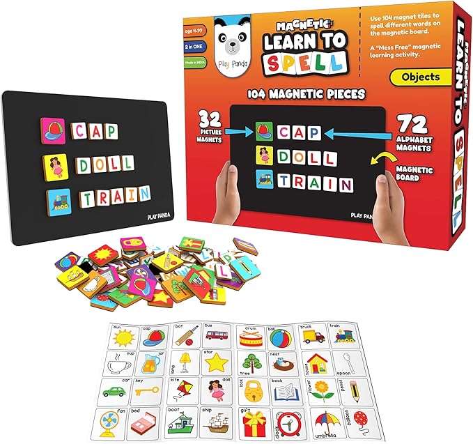 Magnetic Preschool learning Toys for Toddlers Aged 3 4 5 6 Years Old Learn to Spell Objects|104 Magnet Pieces-32 Picture & 72 Letters with Magnet Board & Spelling Game Guide|Educational Toy for Kids