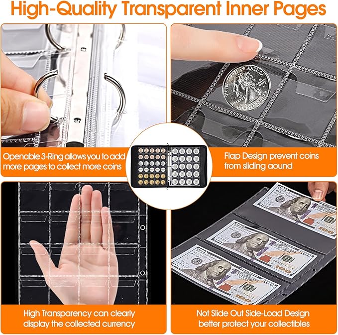 Coin Collection Book for Collector, 360 Pockets Coin holder Albums & 36 Sleeves money storage case with Aluminum Foil Lining for Coins, Currency, Bill, Quarter, Stamp, pennies