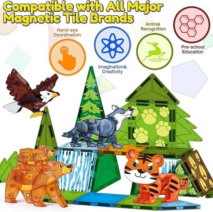 Oriate Magnet Wild Animals for Magnetic Tiles, 5pcs Movable Joints Zoo Animals for Magnetic Blocks, Animal Toys Compatible with Magnetic Tiles, Educational Magnetic Building Tiles for Kids