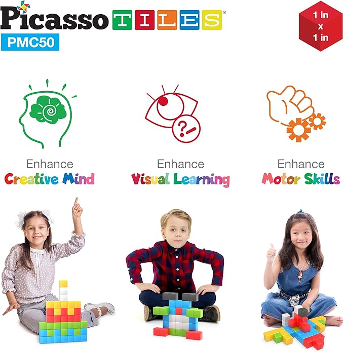 PicassoTiles Kids Pixel 1” Magnetic Puzzle Cube Mix & Match with Free Ideabook Sensory Toys STEAM Learning Building Block Magnets Construction Toy Set Stacking Magnet Creative Kit