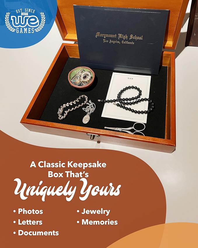 WE Games Wooden Memory Box for Keepsakes – Vintage Decorative Storage Box with Lid - Light Cherry Finish with Engraving