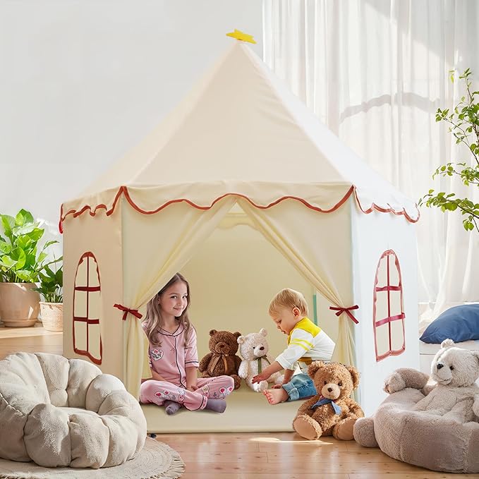 Large Girls Play Tent Princess, Boys Castle Kids Playhouse Indoor Outdoor Toddler Teepee | American Style Design, Age 3-8| Detailed Instructions| Colorful Package| Christmas Birthday Gift Beige