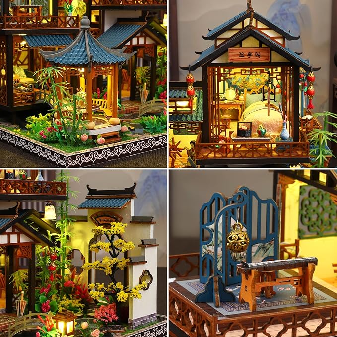 DIY Miniature House Kit: Villa Tiny House Kit with LED Light - DIY Wooden Dollhouse Miniature Kit for Adults Teen, Wooden Crafts Vintage Courtyard Doll House Kit, Great Handmade Crafts Gift