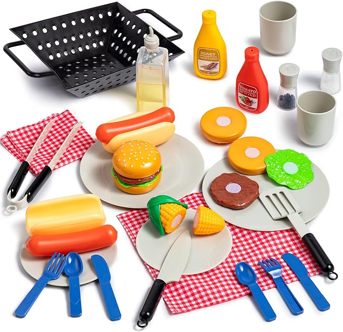 27 PCS Kids BBQ Grill Playset Backyard Barbecue Play Grill Toy Set for Toddlers, Play Food Sets for Kids Kitchen