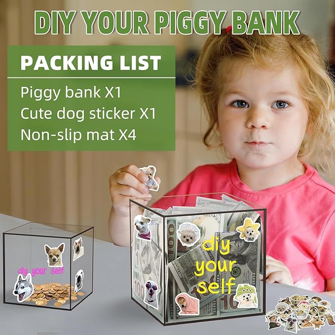 Clear Piggy Bank for Adults/Kids, Acrylic Unopenable Money Box for Cash Coin Saving, Must Break to Open, Money Saving Jar for Adults Boys Girls, Size 4.72''