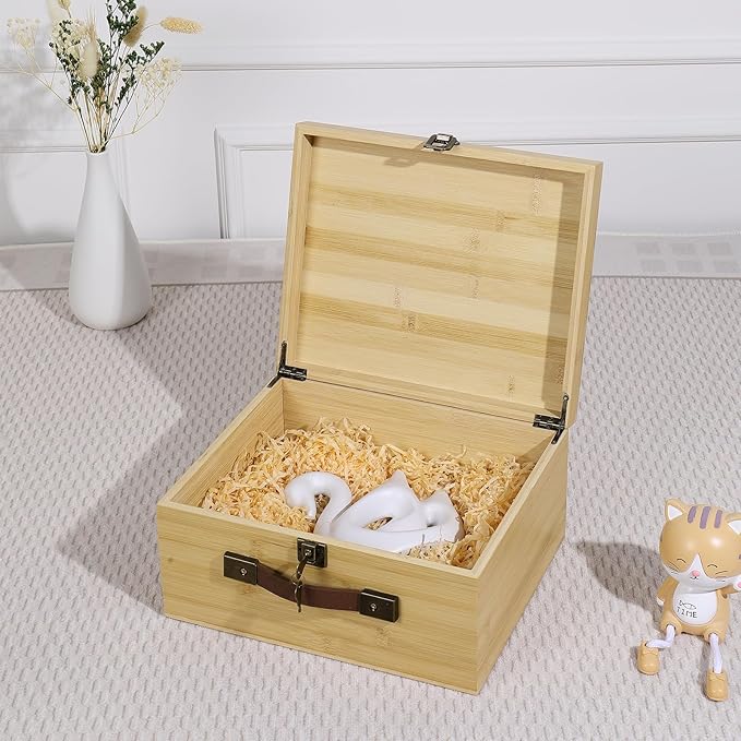 ANMINY Wooden Keepsake Memory Box with Locking Lid Bamboo Wood Storage Box with Hinged Lid & PU Leather Handles Large Decorative Wooden Chest Box for Crafts Stash Gifts - Natural, 12"L x 10"W x 6"H
