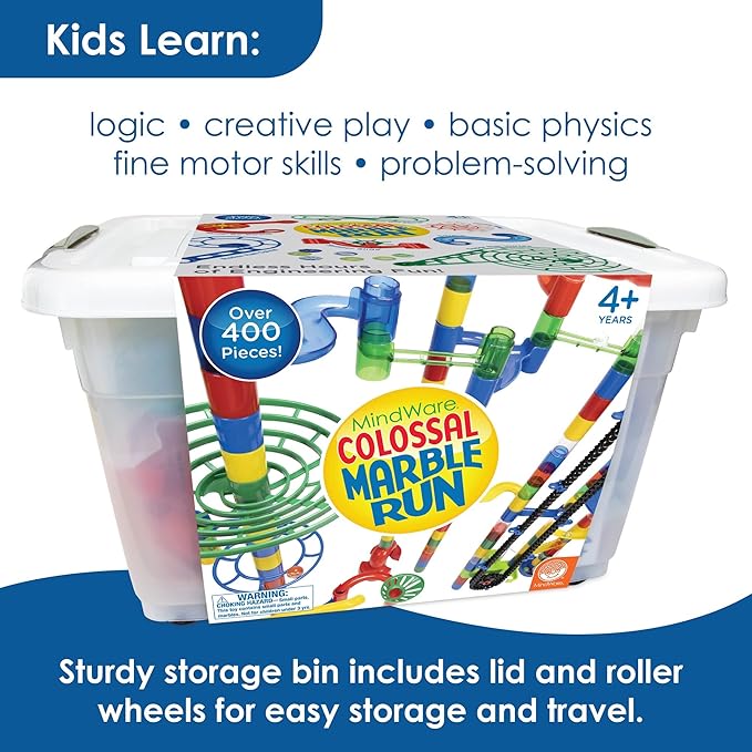 MindWare Colossal Elevator Marble Run – 400-Piece Marble Maze Building Toys Set with Unique Marble Track Pieces, 150 Tubes, 9 Funnels, 50 Marbles and More with Wheeled Storage Bin