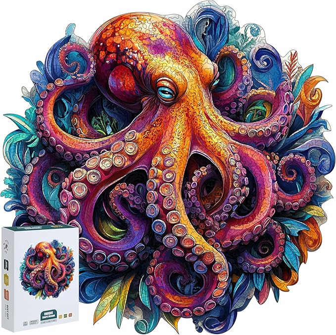 Wooden Jigsaw Puzzle 500 Pieces for Adults - Vibrant Colorful Octopus Art Puzzle, Challenging Family Leisure Game, Unique Home Decor & Gift Idea