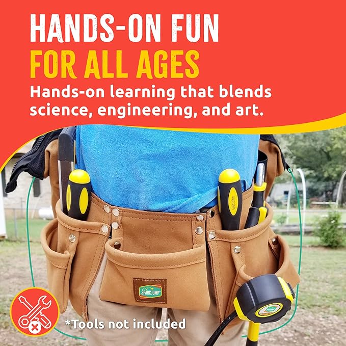 SparkJump Kids Brown Tool Belt, Adjustable Leather Tool Belt for Toddlers and Kids, Dress-Up Construction Costume for DIY Woodworking and STEM Learning