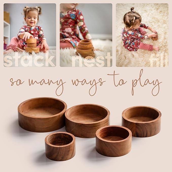 Wooden Stacking Bowls – Montessori Nesting Toy for Sensory Play & Fine Motor Skills, Natural Acacia Wood